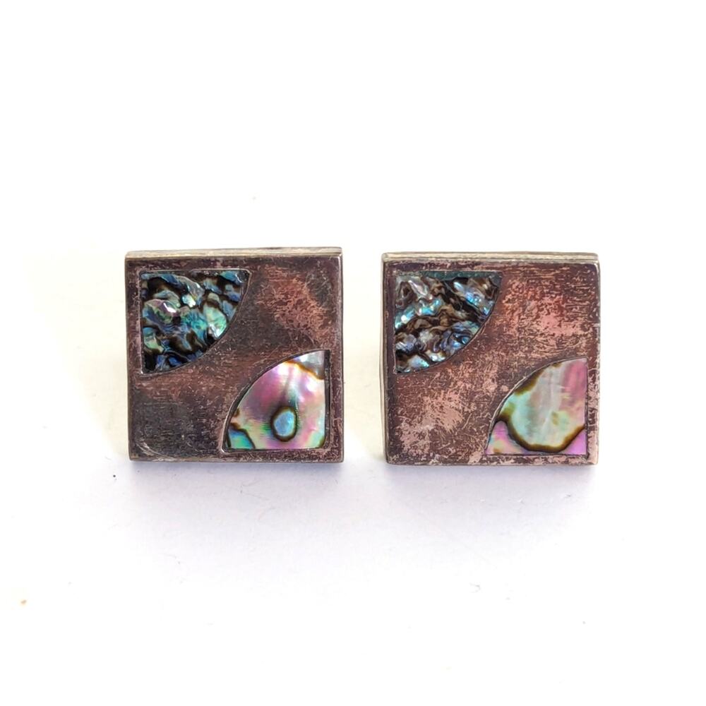 Vintage Estate Signed Sterling Silver Abalone Inlay Square Cuff Links